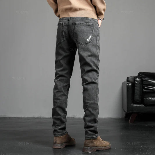 2025 New Four Seasons Men's Jeans Vintage Blue Solid Color Elastic Classic Jeans Men Slim Fashion Denim Trousers Male 27-38