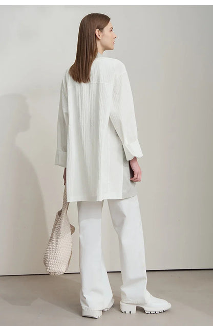 Minimalist Women's Fashion Casual Jacket 2025 Autumn Lyocell Linen Collision Splicing Crumple Texture Loose Blazer 12551008