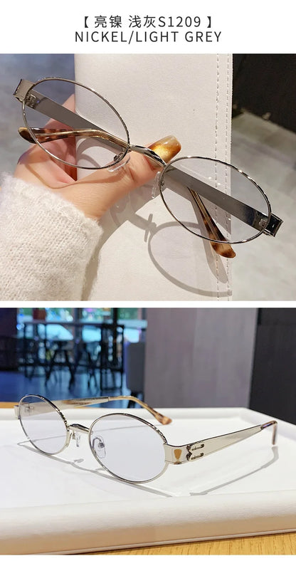 Retro Small Oval Metal Frame Women Sunglasses UV400 Thin Full Rim Men Punk Sun Glasses Vintage Shades Lentes De Sol Mujer