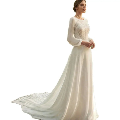 Customized Summer Beach Wedding Dresses Boho Bridal Gowns 2024 Lace Bride Dress Long Sleeves Wedding Gowns White Round Neck