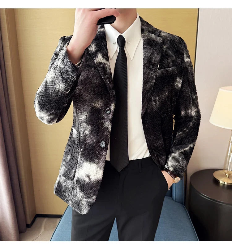 High QualityTie Dye Chenille Men Fashion Casual Suit Jacket Autumn Winter New Korean Slim Fit Social Wedding Suit Blazer