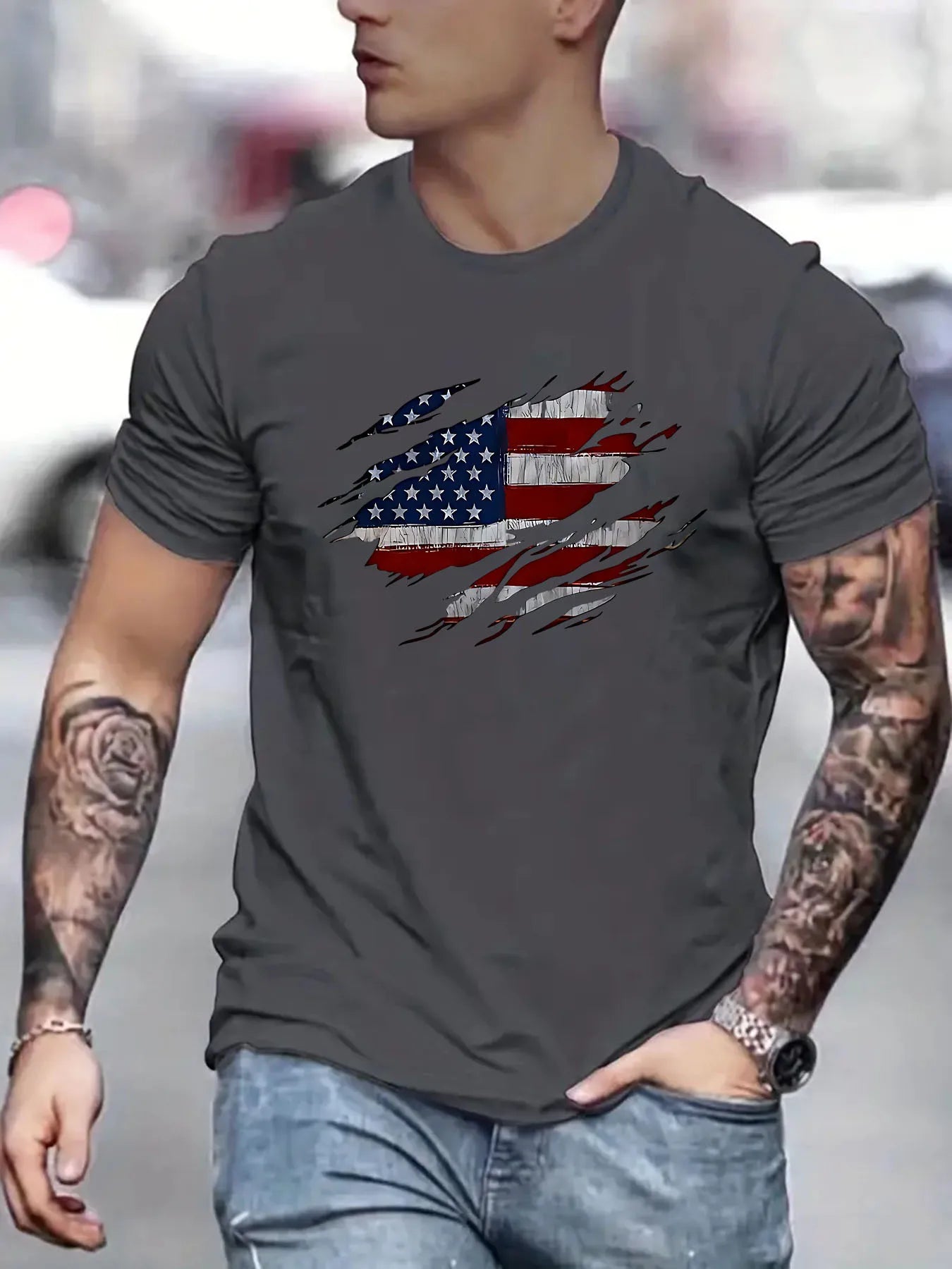Men's Summer Casual Loose Size 100% Cotton Trendy American Flag Pattern Print Round Neck Short Sleeve T-shirt Top
