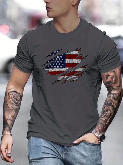 Men's Summer Casual Loose Size 100% Cotton Trendy American Flag Pattern Print Round Neck Short Sleeve T-shirt Top