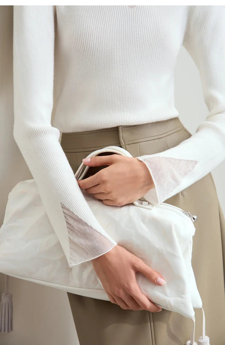 Minimalist Women's Turtleneck Slim Sweater 2025 Autumn Collection Sheer Panel Versatile Elegant Base Layer Top 12444241