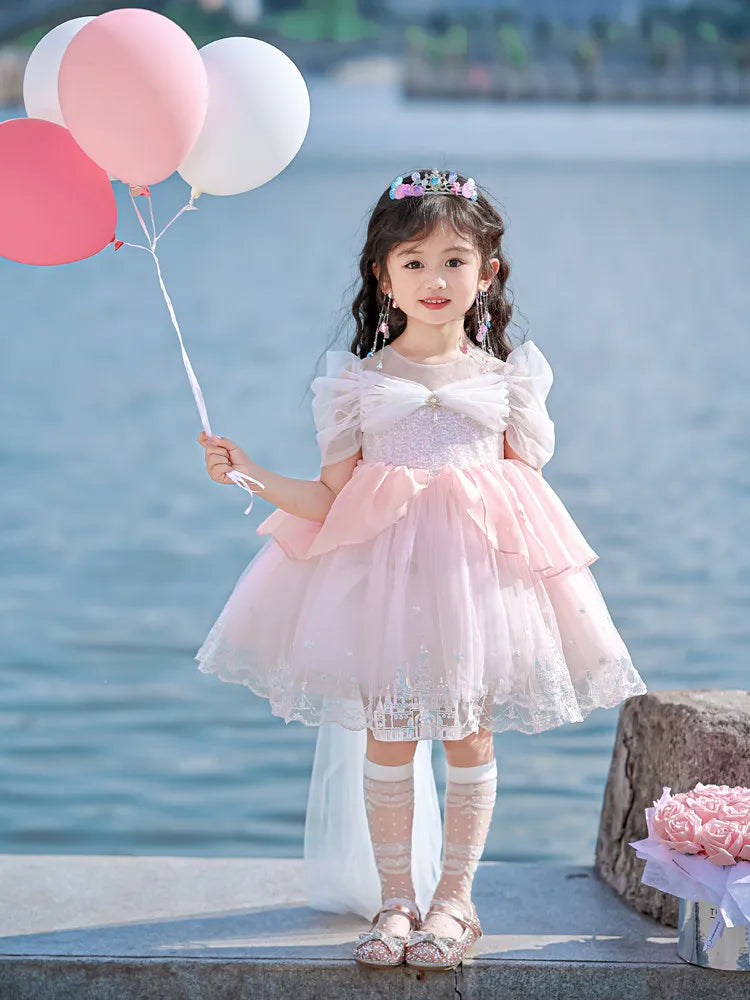 Sweet Baby Girls Princess Lolita Dress Kids 2026 New Summer Fashion Sequined Tulle Embroidery Puff Sleeve Performance Tutu Dress