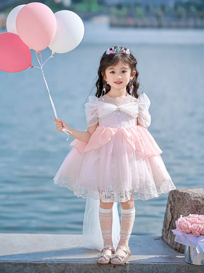 Sweet Baby Girls Princess Lolita Dress Kids 2026 New Summer Fashion Sequined Tulle Embroidery Puff Sleeve Performance Tutu Dress