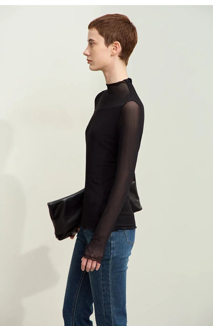 Minimalism Mesh T-shirts For Women 2025 Autumn New Office Lady Half-high Neck Micro Perspective Slim Retro Shirt 12423055