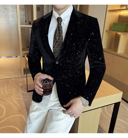 High Quality Velvet Bronzing Suit Coats Mens Sparkle Elegant Slim Business Suits Jacket Homme Formal Social Prom Party Tuxedos