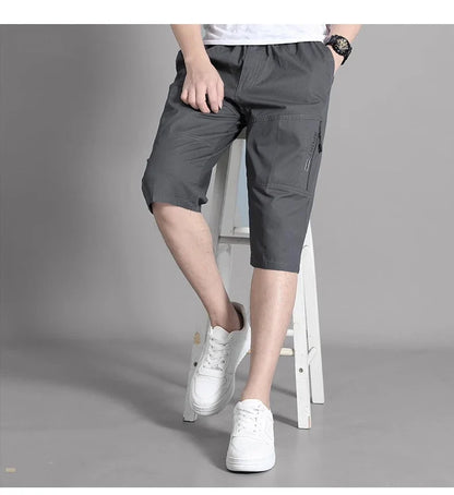 Men Cropped Cargo Shorts Men's Casual Sports Pants Zipper Pocket Summer Cotton Shorts Running Jogger Shorts Elastic Waist