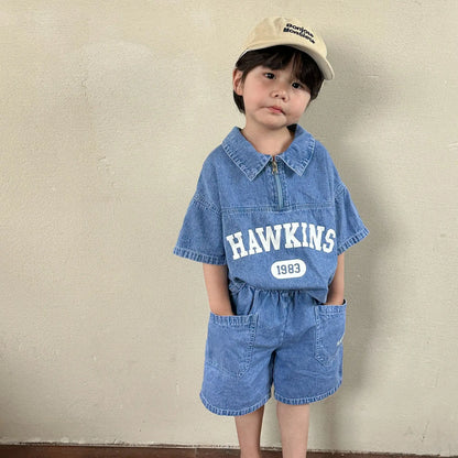 Summer Baby Girls Boys Cotton Alphabet Half Zip Denim T-Shirt Tops+Shorts Pant School Kids Tracksuit Child 2PCS Outfit 1-12Years