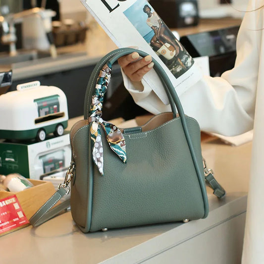 Female genuine cow leather bag for women bag blue Handbag New Crossbody Bucket Bag luxury Shoulder bag tote bag medium