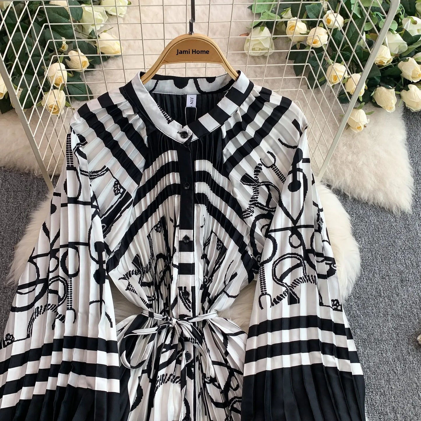 Ele Printed round Ne Lantern Sve Dr Women's Single Button Waist Cinch Maxi Skirt Long Dr Commute Sle Autumn