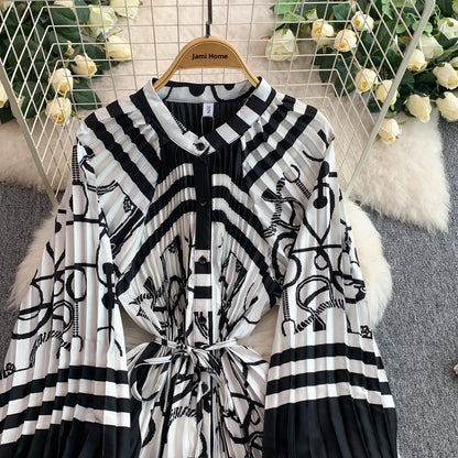 Ele Printed round Ne Lantern Sve Dr Women's Single Button Waist Cinch Maxi Skirt Long Dr Commute Sle Autumn
