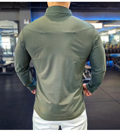 Stand-up Collar Sports Long-sleeved Men Autumn Outdoor Running Gym Fitness Training Clothes Elastic Quick-drying Breathable Top