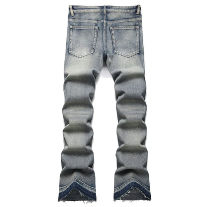 Men's Boot Cut Jeans Streetwear Patches Released Hem Pants Vintage Blue Embroidery Patchwork Flared Trousers