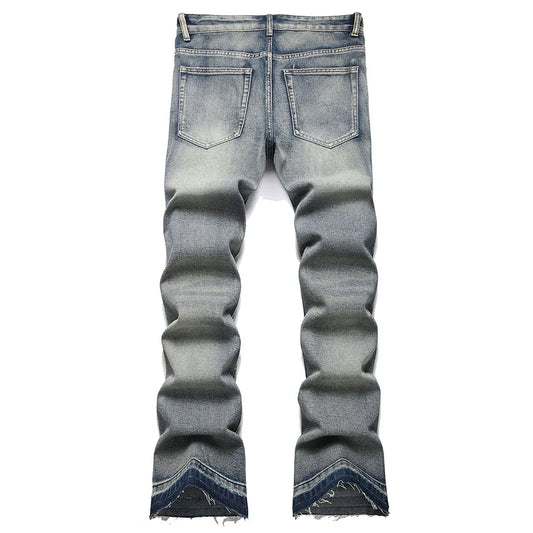 Men's Boot Cut Jeans Streetwear Patches Released Hem Pants Vintage Blue Embroidery Patchwork Flared Trousers