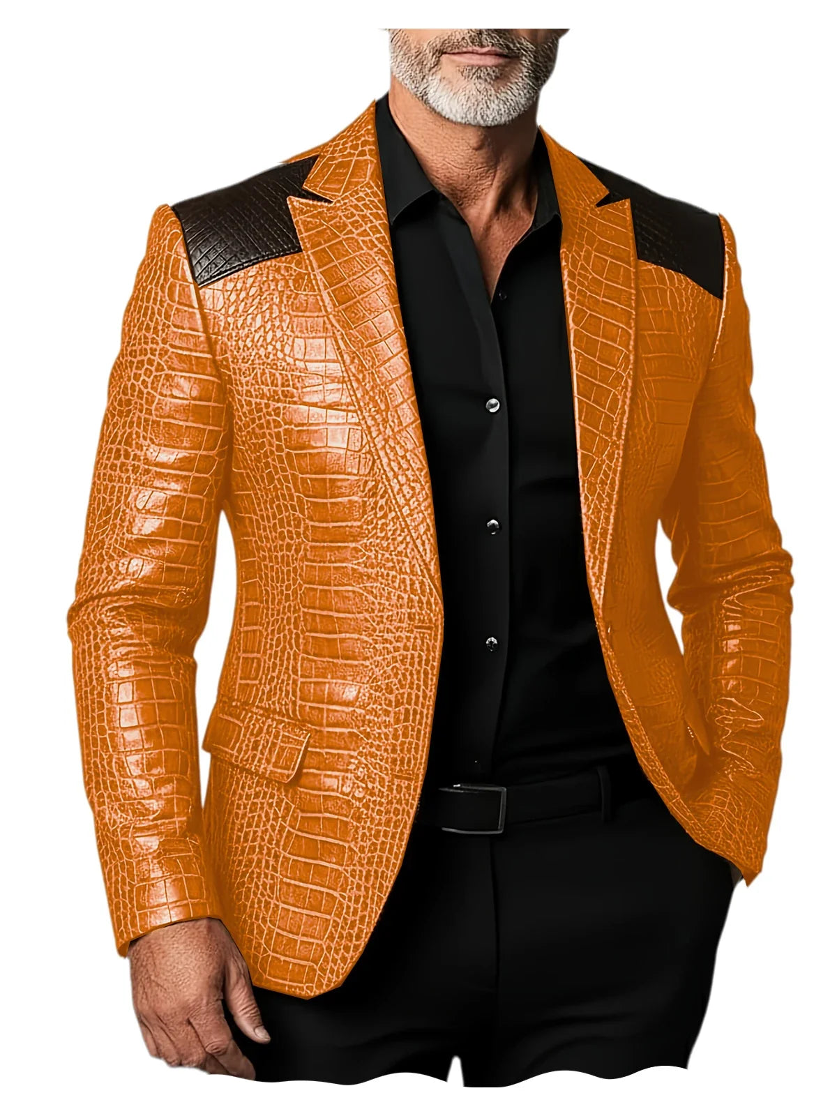 Men's Crocodile Pattern Leather Blazer Patchwork PU Leather Suit Jacket Notched Lapel Slim Fit Business Casual Coat Outerwear