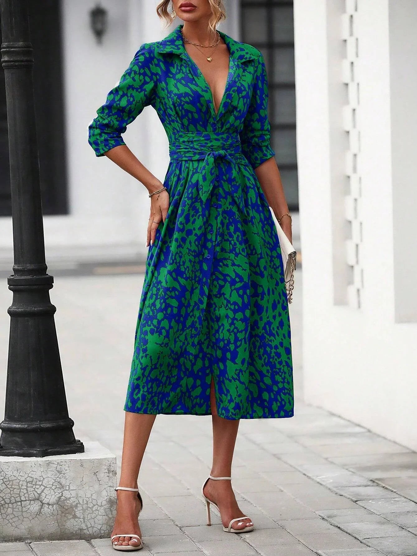 Elegant Random Print Button Down Shirt Dress Women's Long Sleeve Belted Waist Midi Dress Spring Fall Office Casual Dress