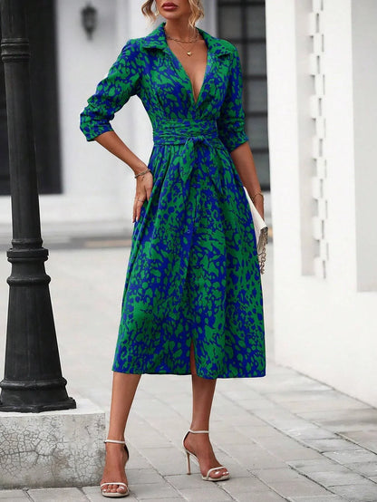 Elegant Random Print Button Down Shirt Dress Women's Long Sleeve Belted Waist Midi Dress Spring Fall Office Casual Dress