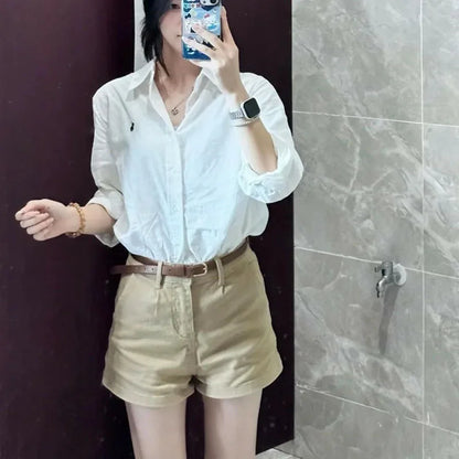 Khaki Casual Shorts for Women Summer All-Match Stretch Denim Straight Shorts Ladies Korean Simple with Belt Hot Short Pants