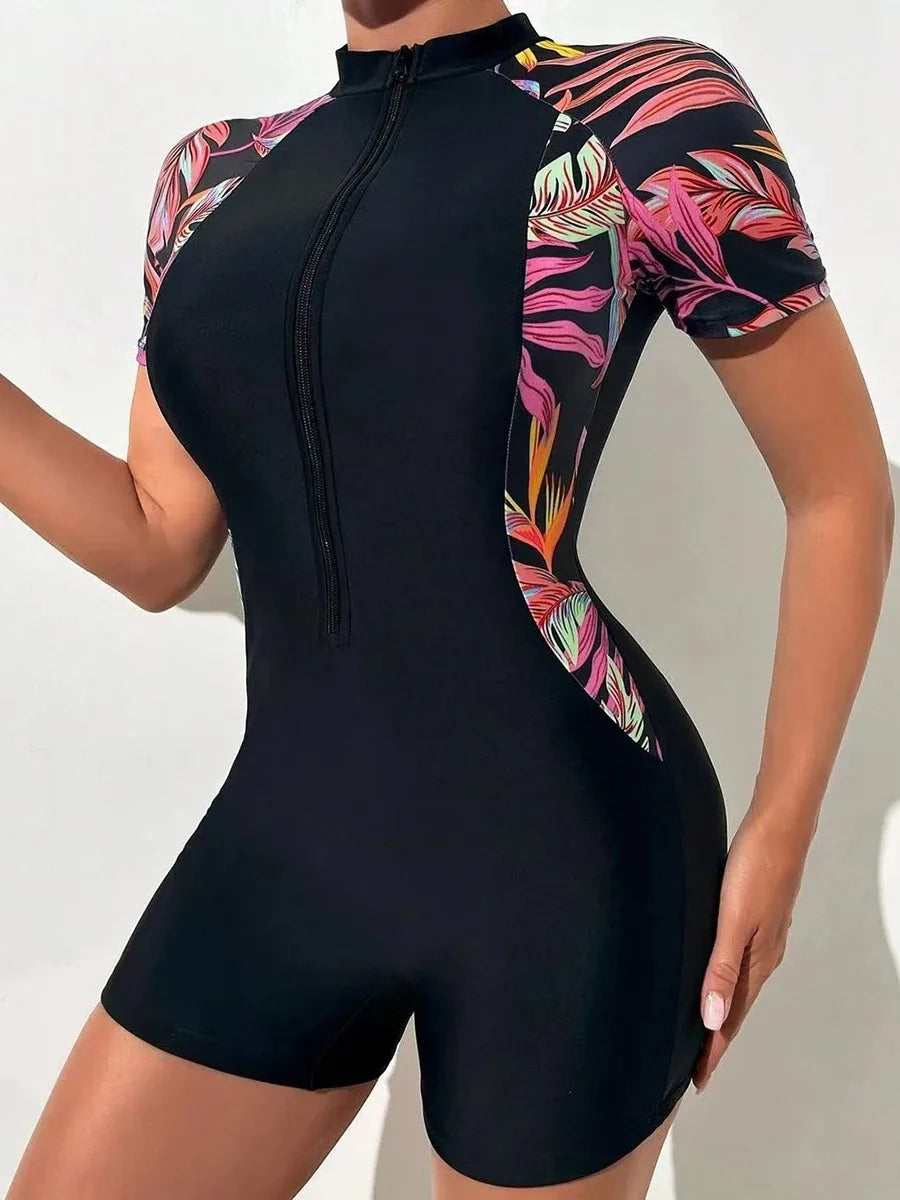 One Piece Floral Swimwear Swim Suit Women Short Sleeve Swimsuit Zip Front Tropical Plant Surfing Sun Protection（No built-in bra
