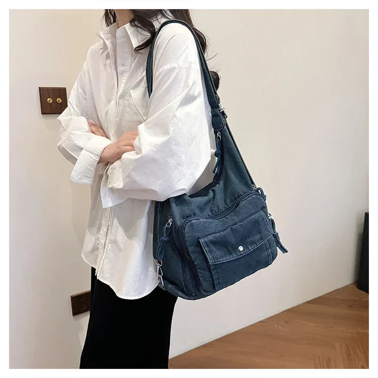 Solid Color Denim Trendy Shoulder Bag for 2025 High Quality Fashion Zipper Large Capacity Versatile Women's Crossbody Bag