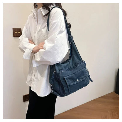 Solid Color Denim Trendy Shoulder Bag for 2025 High Quality Fashion Zipper Large Capacity Versatile Women's Crossbody Bag