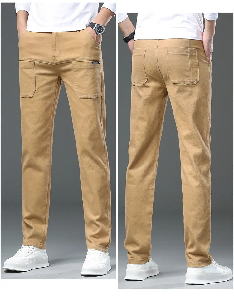 Spring and Autumn Men's Multi-Pocket Design Jeans Fashionable and Versatile White Khaki Red Comfortable Stretch Denim Pants