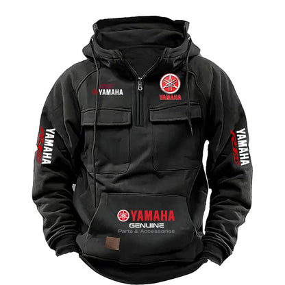 2026 New YAMAHA logo  Motorcycle Racing Race Retro Velvet Half Zipper Hoodie Men's Multi Pocket Autumn/Winter Casual Sweatshirt