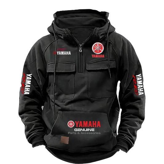 2026 New YAMAHA logo  Motorcycle Racing Race Retro Velvet Half Zipper Hoodie Men's Multi Pocket Autumn/Winter Casual Sweatshirt