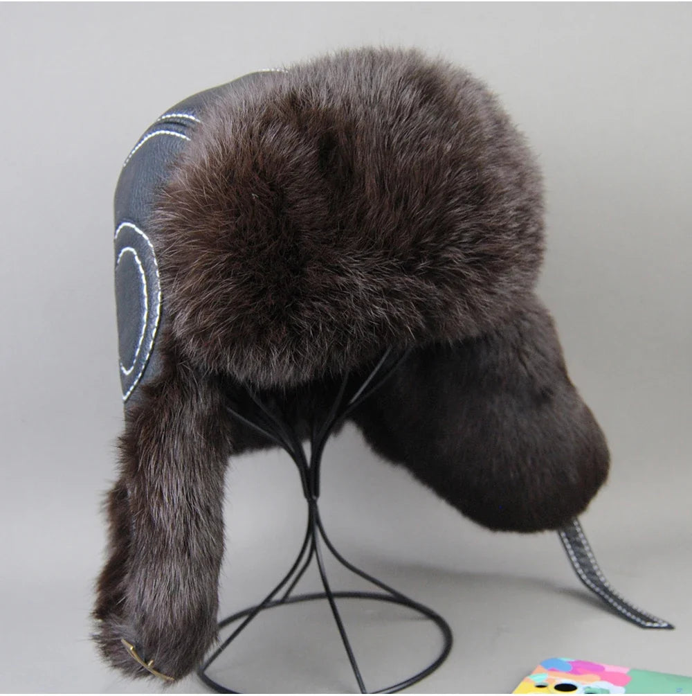2026 Fashion Men's 100% Natural Rabbit Fur Bomber Hats Winter Russian Man Warm Real Sheepskin Leather Hat Male Real Fur Caps
