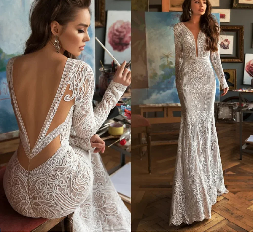 Customized Deep V Neck Lace Mermaid Wedding Dress Backless Long Sleeves Sweep Train Boho Bridal Gowns Custom Made Bohemian