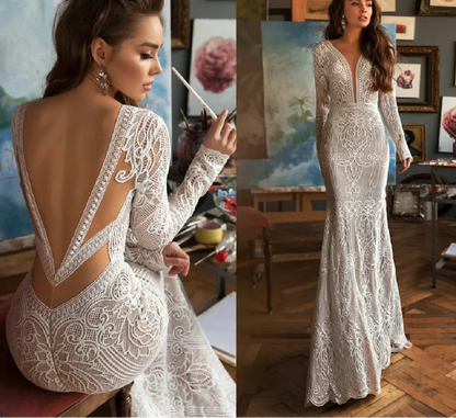 Customized Deep V Neck Lace Mermaid Wedding Dress Backless Long Sleeves Sweep Train Boho Bridal Gowns Custom Made Bohemian