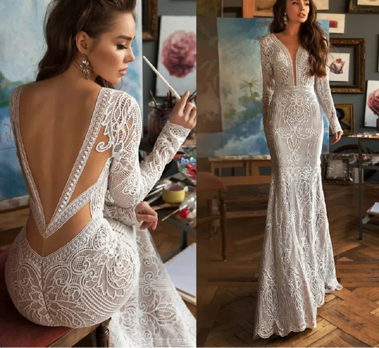 Customized Deep V Neck Lace Mermaid Wedding Dress Backless Long Sleeves Sweep Train Boho Bridal Gowns Custom Made Bohemian