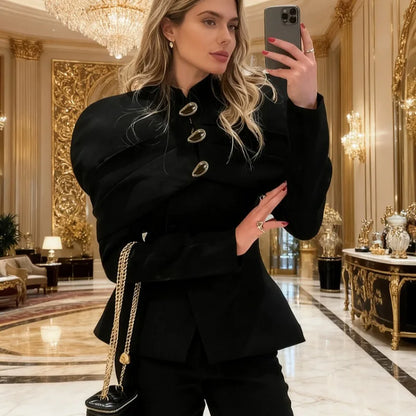 Black Elegant Blazer For Women 2025 Autumn Fashion Gold Buttons Patchwork Jacket Coat Party Vintage Commuter Suit Jacket