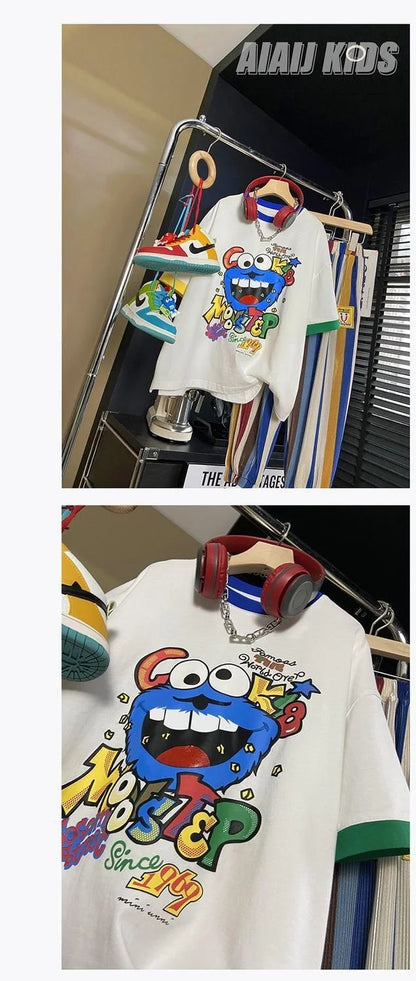 Summer Boys Cotton Contrast Cartoon T-Shirt Tops+Loose Colored Stripes Pant Set School Kids Tracksuit Child 2PCS Outfit 5-16 Yrs