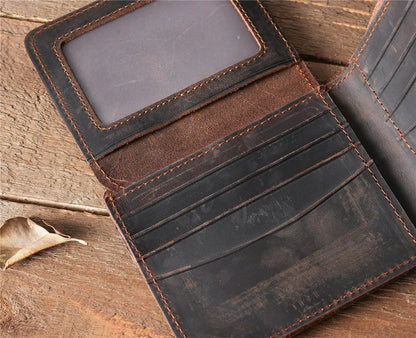 Men Handmade Crazy Horse Leather Wallet Men's Casual Simple Horizontal First Layer Cowhide Short Genuine Leather Clutch