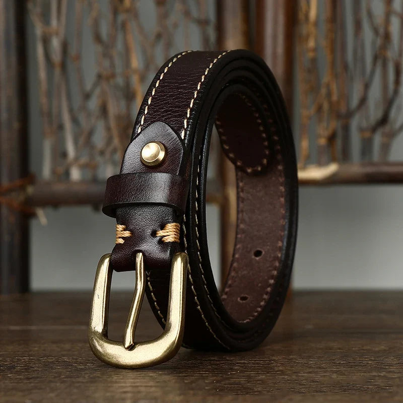 2.4CM Ladies Pure Cowhide High Quality Genuine Leather Thin Belts for Women Copper Buckle Jeans Cowboy Korean Version Female