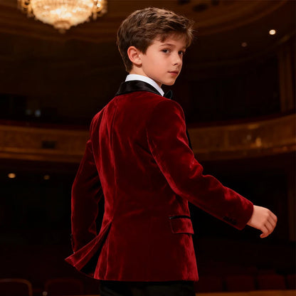 Boys Tuxedo Velvet Blazer Kids Suit Red Christmas New Year Party Gift Clothes Fromal Black  Xmas Birthday Wedding Outifit