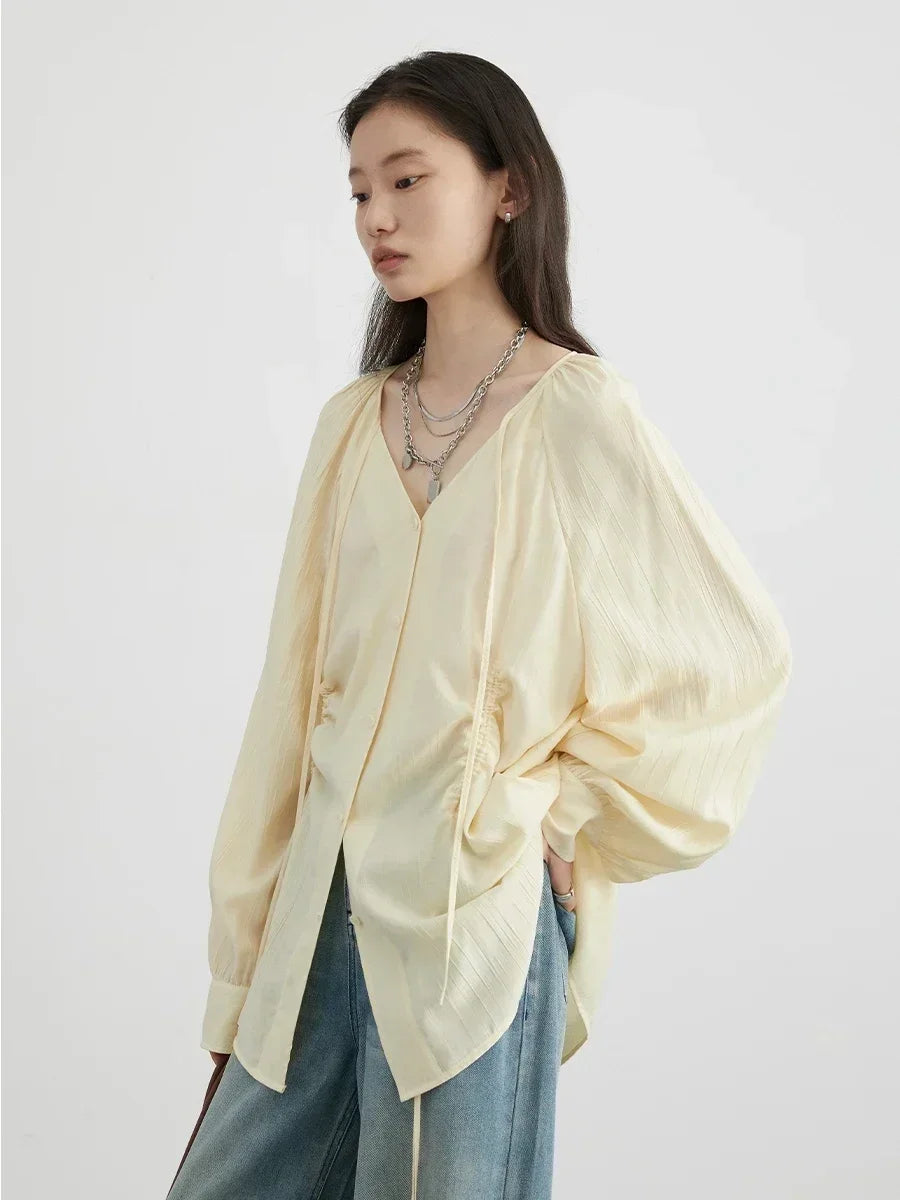 Women Loose Lace Up Shirt Solid New Korean V-neck Pleated Raglan Long Sleeved Blouses Female Tops Spring Summer 2026