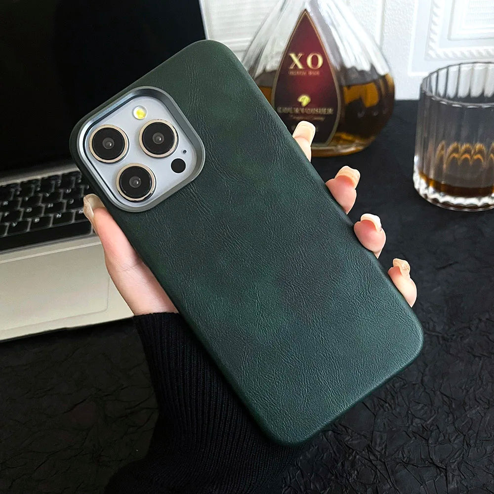 Premium Vintage Leather Magnetic Phone Case for IPhone 16 14 13 15 Pro Max Wireless Charging Alloy Camera Shockproof Back Cover