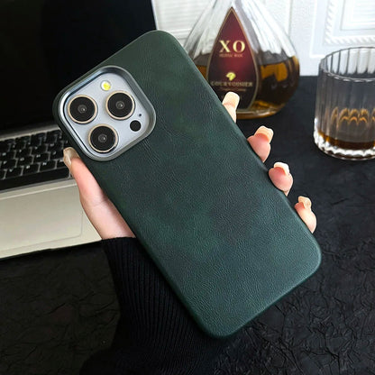 Premium Vintage Leather Magnetic Phone Case for IPhone 16 14 13 15 Pro Max Wireless Charging Alloy Camera Shockproof Back Cover