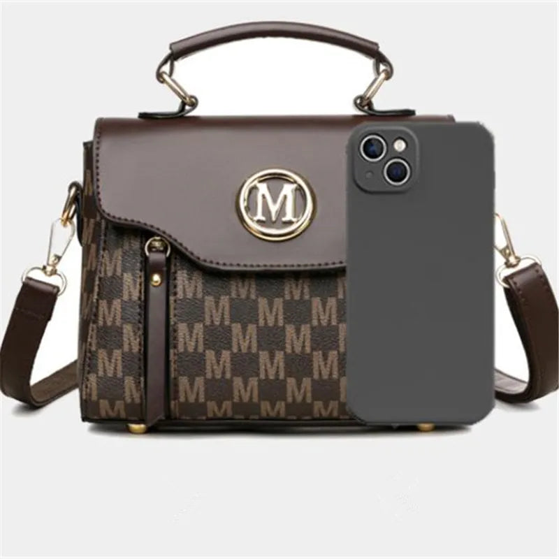 Vintage Women's Tote Bag Stylish PU Handbag Shoulder Bag with Golden Letter "M" Design Detachable Strap Perfect for Everyday Use