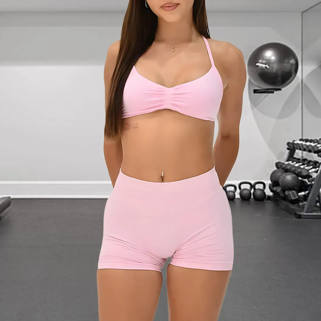 Women 2PCS Fitness Sports Set Lace Up Yoga Bra High Waist Short Leggings Seamless Cycling Running Workout Activewear