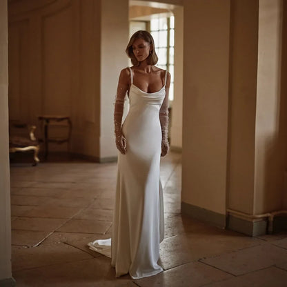 Elegant Beading Wedding Dresse Spaghetti Straps Mermaid Satin Backless Pleat Sexy Bride Dress Vestidos De Novia Customized