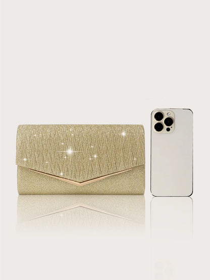 Elegant and Lightweight Pleated Metal Strip Flap Party Women's Clutch, Exquisite and Charming Women's Business Bag, Shiny Metal Strip Flap Women's Evening Bag and Fashionable Small Square Bag, Complete with a Gorgeous Rhinest