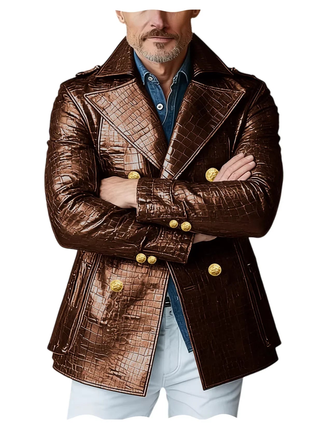 Men's Crocodile Embossed Leather Peacoat Double Breasted Gold Button Jacket Luxury Casual Overcoat