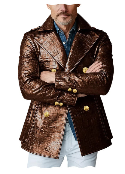 Men's Crocodile Embossed Leather Peacoat Double Breasted Gold Button Jacket Luxury Casual Overcoat