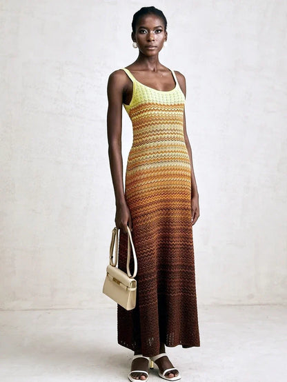 Luxury Brand Design Women Elegant Boho African Golden Sequins Maxi Sleeveless Evening Party Vacation Dress Knitted Lady Clothing