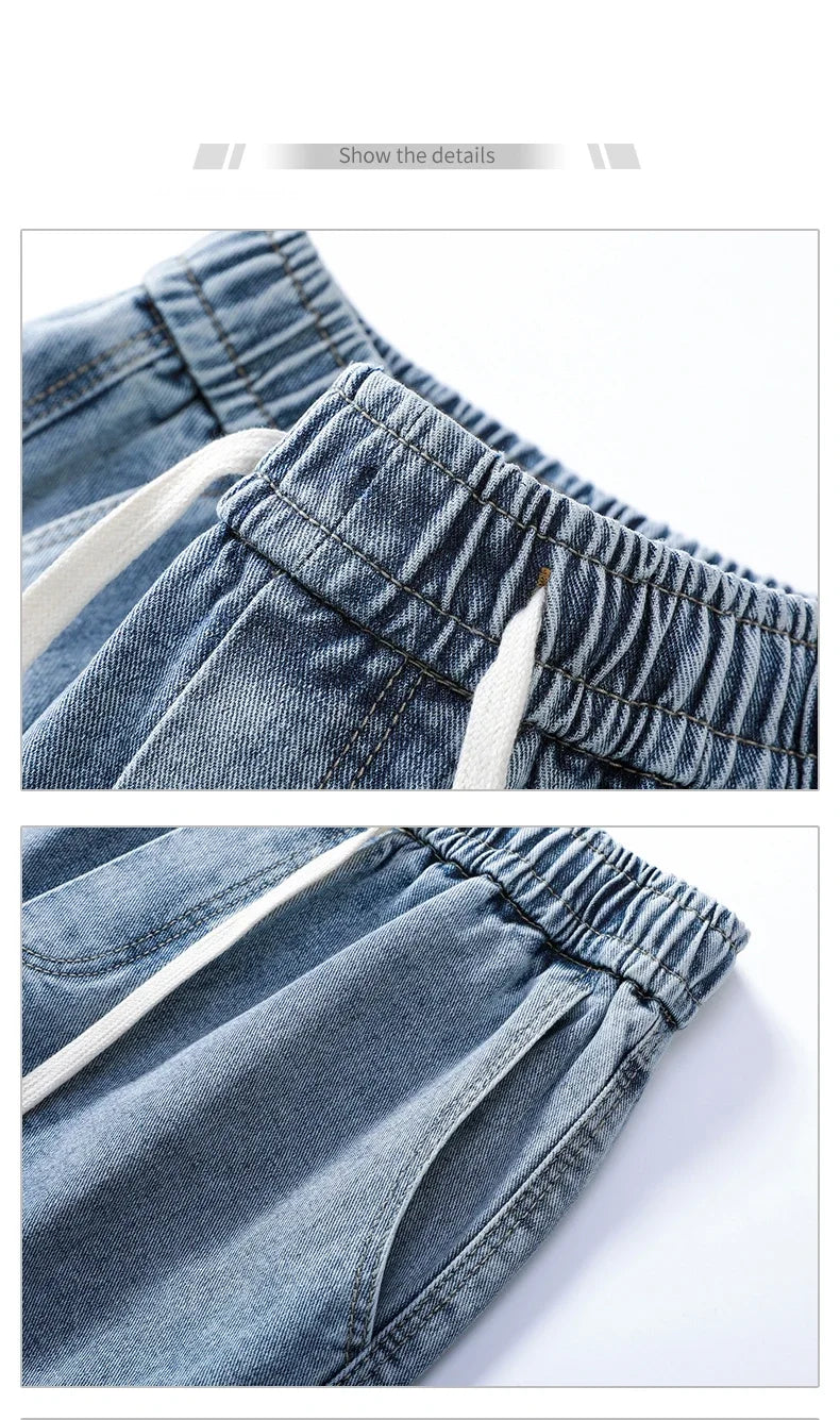 Summer Retro Fashion Denim Shorts for Men Loose Straight Leg Multi-pocket Short Jeans With Elastic Waist and Drawstring Male